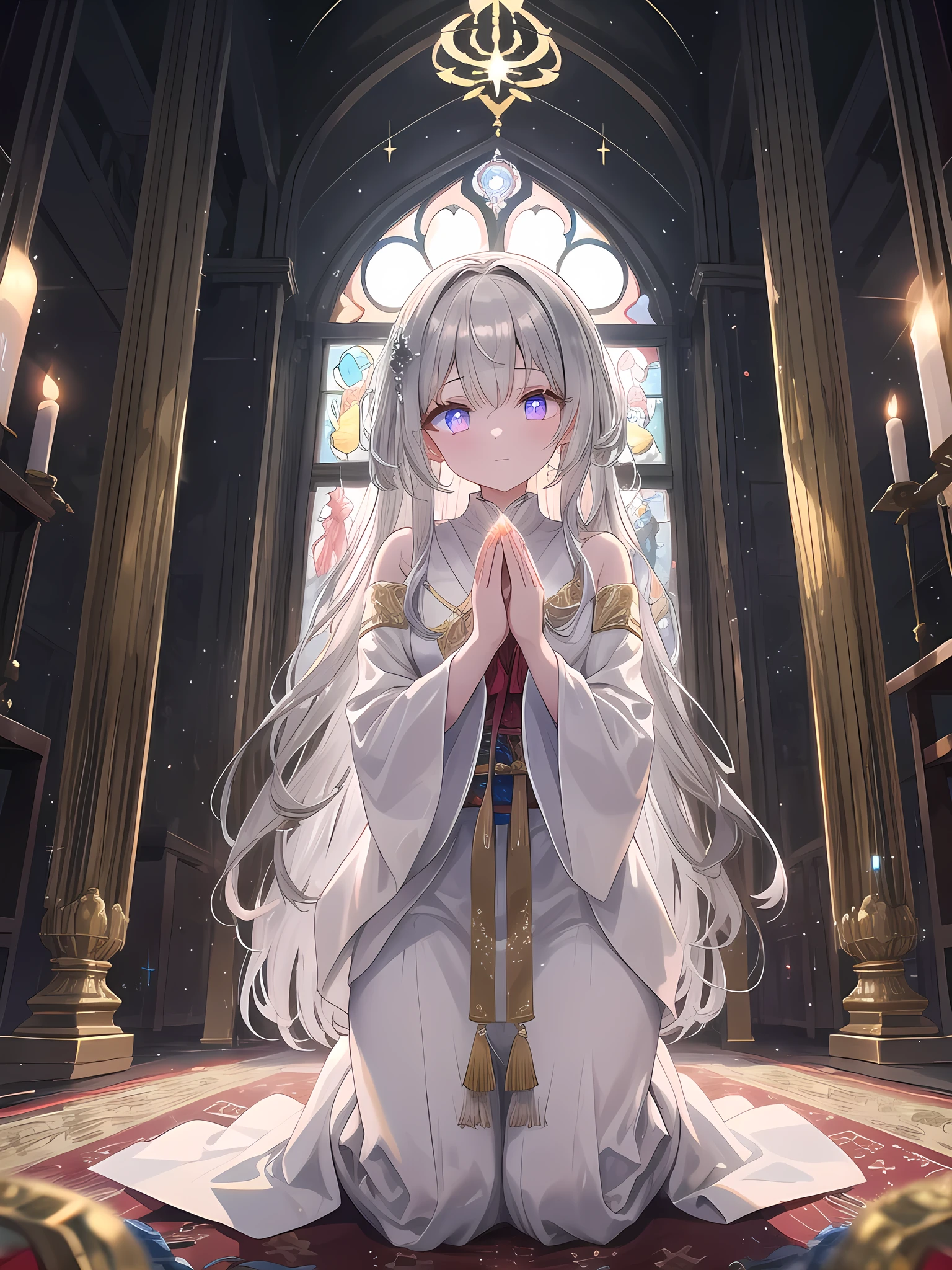 ((8k, best quality, master piece: 1.3)),super high resolution,(1 girl, solo), (colorshift eyes, hyperdetailed, expressive sparkling, glitter, glowing eyes), ultra detailed eyes, ultra-detailed face, random hair, ((silver gray color)),A silver-haired woman prays in an ancient temple, wearing a sacred robe embroidered with white and gold, with a majestic stone temple and altar in the background. She kneels before the altar, a silver sacred ring shining on her hand. Magical light emanates from the altar, illuminating the entire temple. Her long wavy silver hair shines in the light of the temple, and her skin has a glossy texture. Her eyes are a mysterious purple, and her eyes, filled with magical power, show the depth of her prayer. Her figure praying is pious, and is depicted as one with the majestic background of the temple, creating a sacred atmosphere.