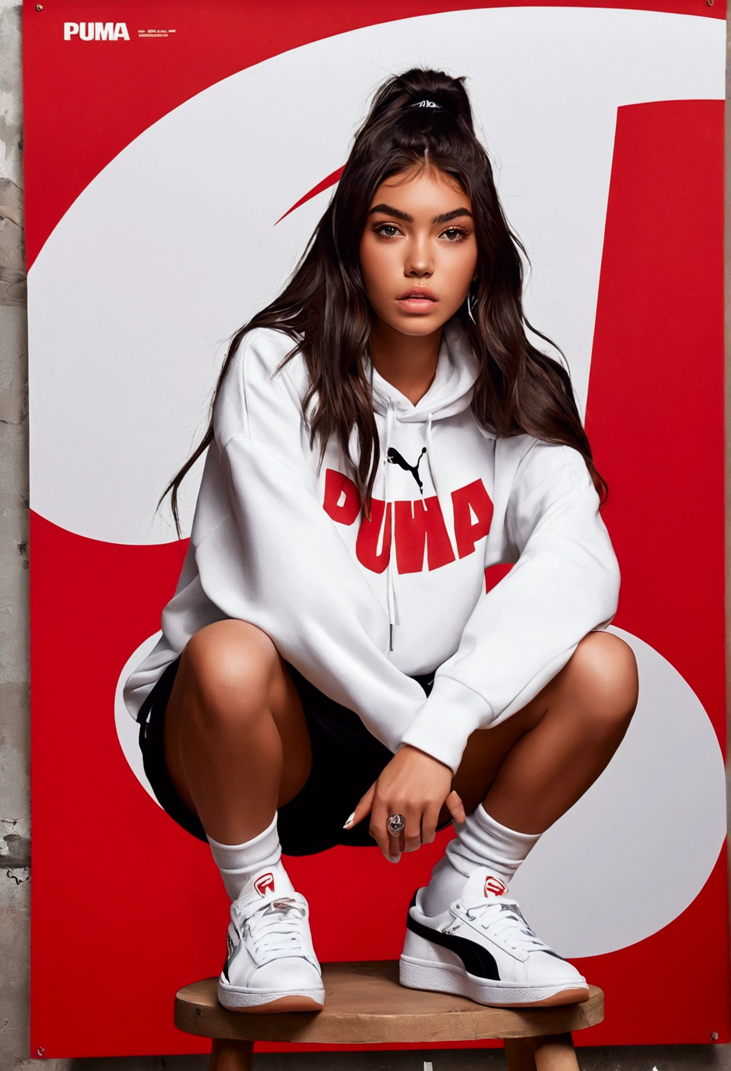 a woman sitting on a stool with a red and white poster, '20, 🤬 🤮 💕 🎀, she is wearing streetwear, made with photoshop, based on a puma, woman in streetwear, trending on r/streetwear, by Ignacio Zuloaga, focus on sneakers only, badass look, :: madison beer, 💋 💄 👠 👗, hypebeast