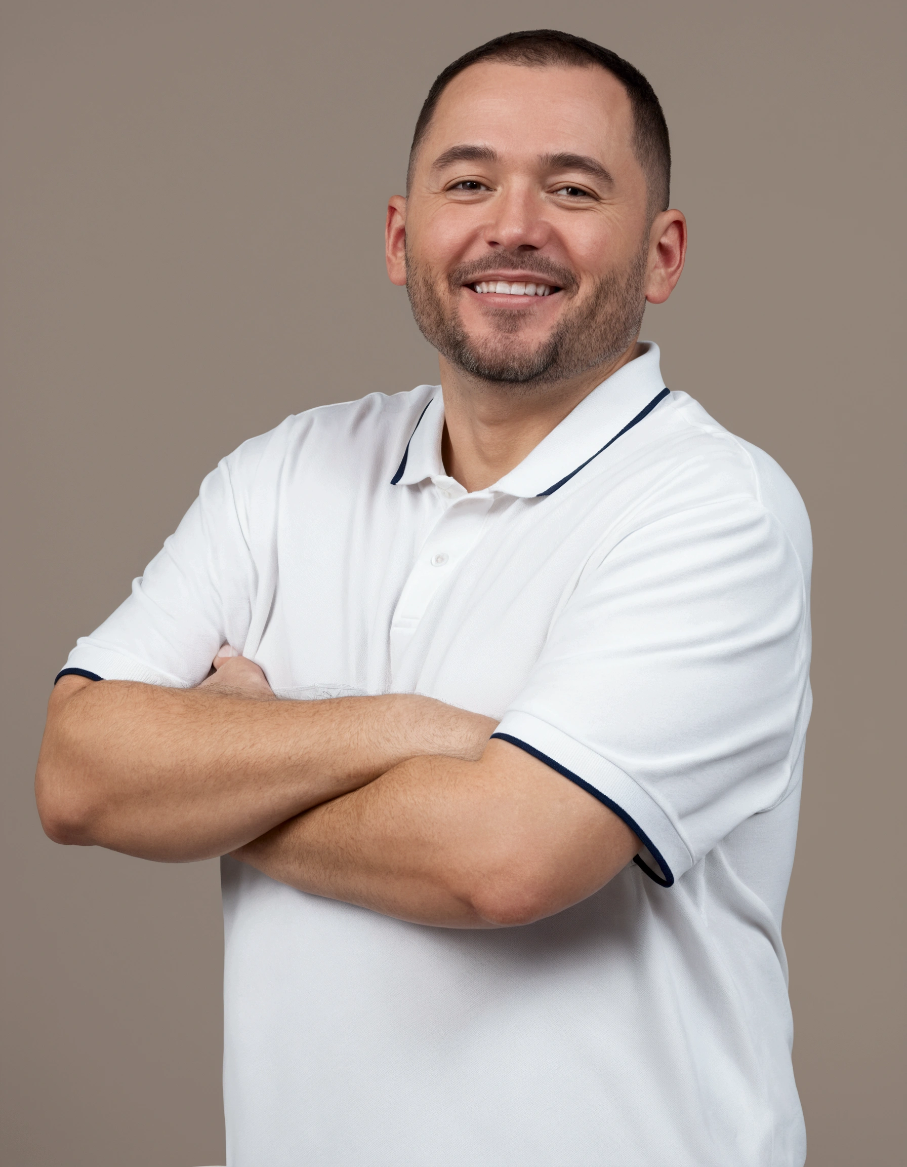 Create a vibrant, whimsical cartoon-style illustration of a man with light skin, short beard and very short hair. He is wearing a white polo shirt with dark trim.. The man has a friendly smile and is standing with his arms crossed. The background is a neutral and simple color, which helps emphasize the subject's warm and approachable demeanor. The art style should resemble animated series, com linhas limpas, bright colors and a happy, energetic vibe, capturing the texture of the fabric, the subtle tones of your skin and the expression on your face in a fun and engaging way.