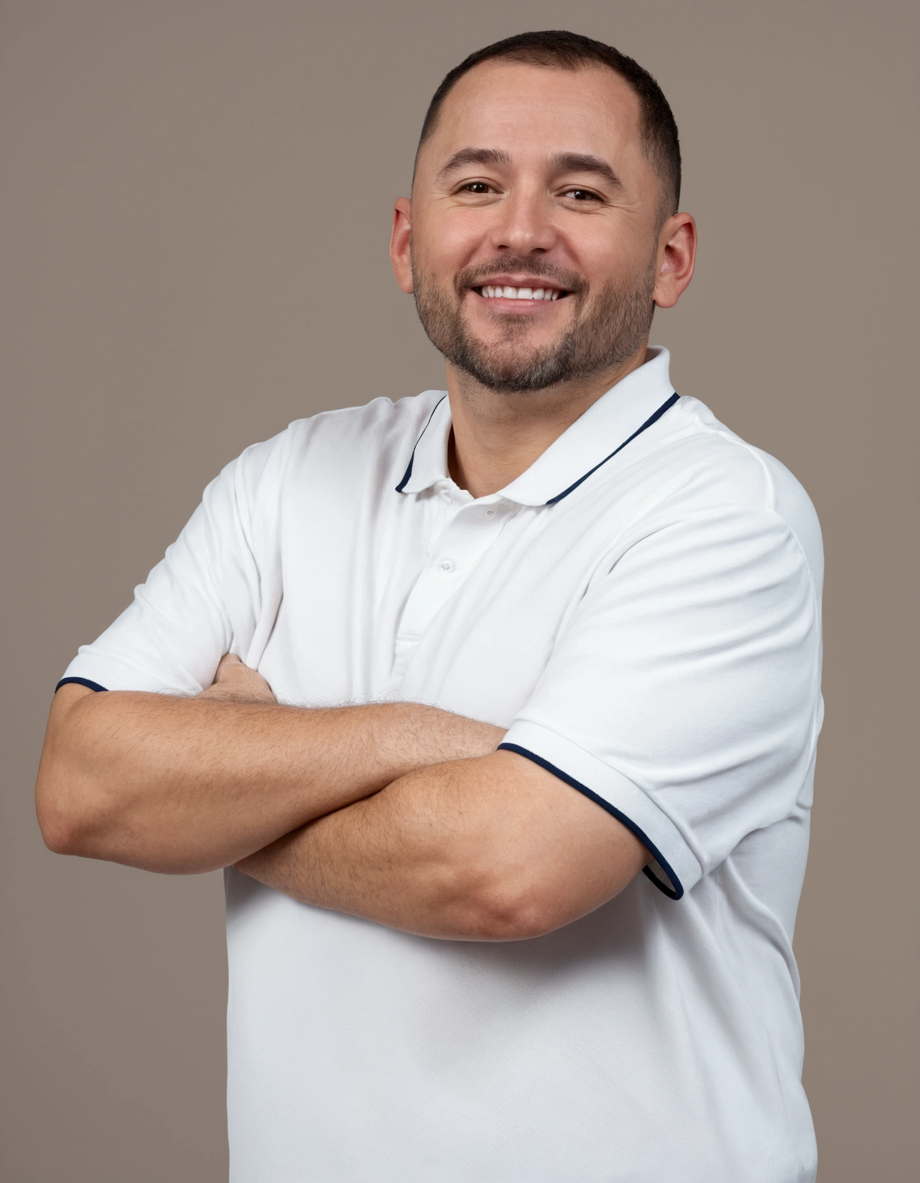 Create a vibrant, whimsical cartoon-style illustration of a man with light skin, short beard and very short hair. He is wearing a white polo shirt with dark trim.. The man has a friendly smile and is standing with his arms crossed. The background is a neutral and simple color, which helps emphasize the subject's warm and approachable demeanor. The art style should resemble animated series, com linhas limpas, bright colors and a happy, energetic vibe, capturing the texture of the fabric, the subtle tones of your skin and the expression on your face in a fun and engaging way.