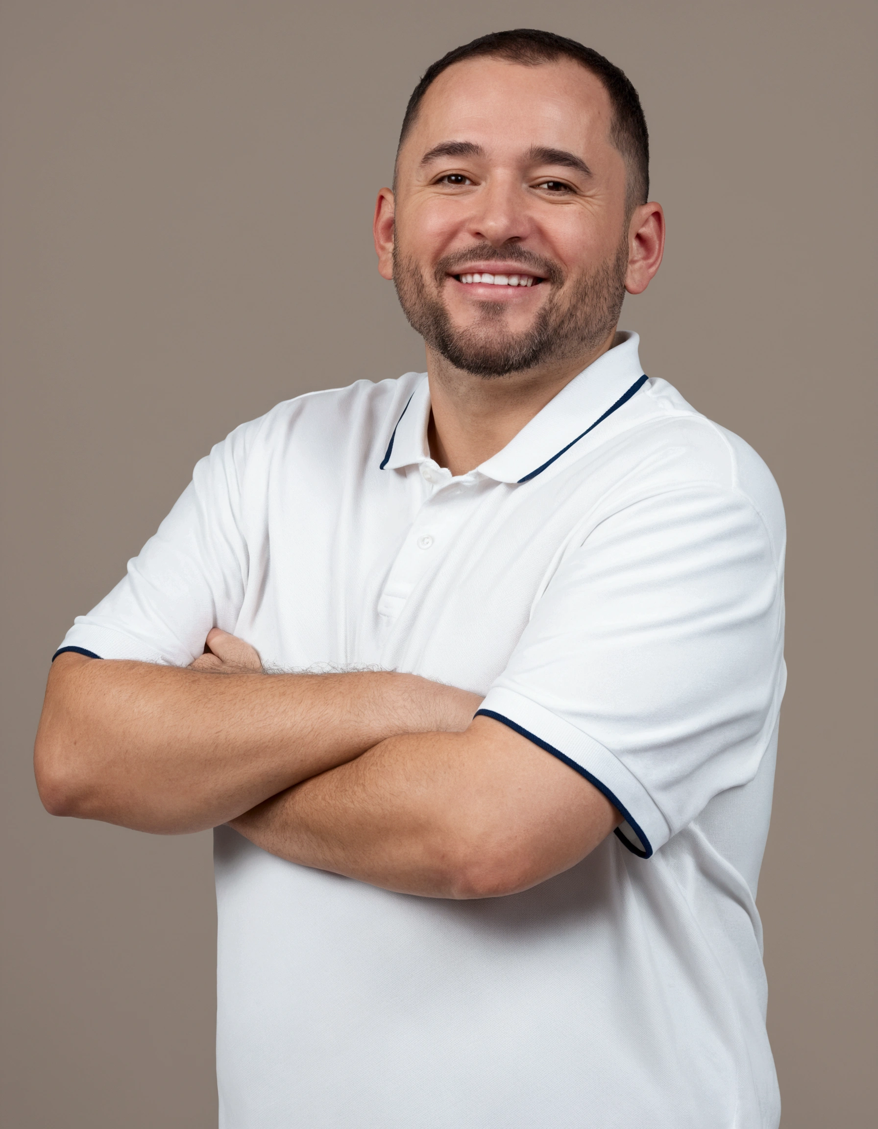 Create a vibrant, whimsical cartoon-style illustration of a man with light skin, short beard and very short hair. He is wearing a white polo shirt with dark trim.. The man has a friendly smile and is standing with his arms crossed. The background is a neutral and simple color, which helps emphasize the subject's warm and approachable demeanor. The art style should resemble animated series, com linhas limpas, bright colors and a happy, energetic vibe, capturing the texture of the fabric, the subtle tones of your skin and the expression on your face in a fun and engaging way.