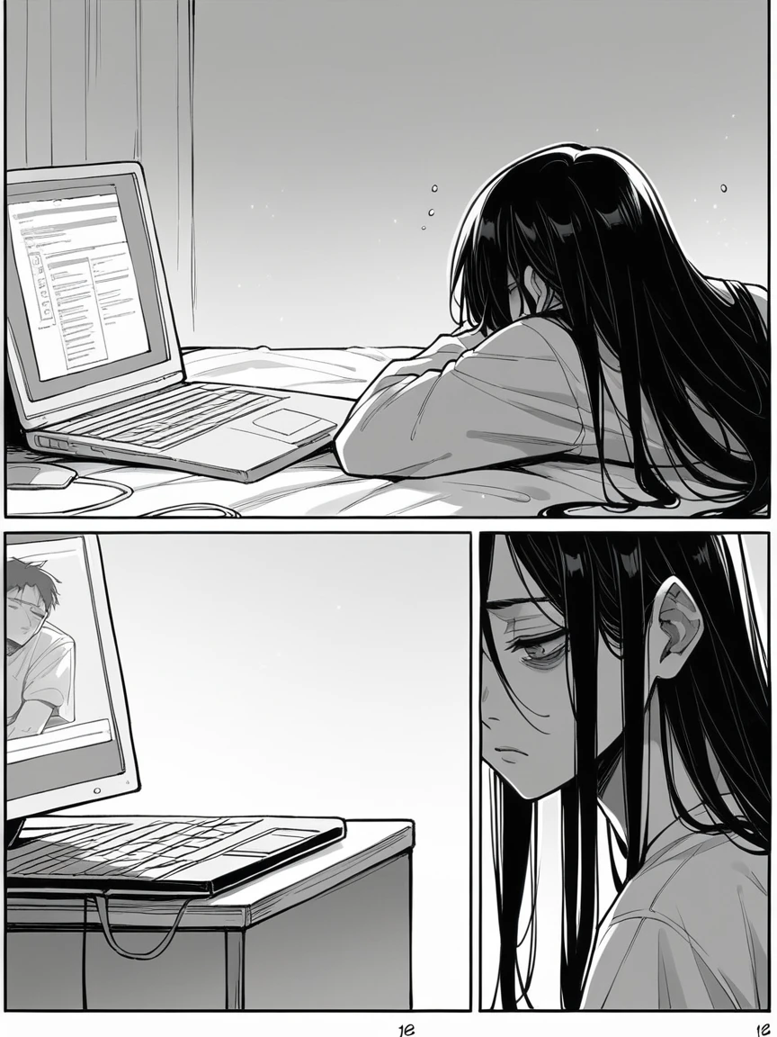 score_9, score_8_up, score_7_up, score_6_up, m4ng4, manga, monochrome, greyscale, (long hair:1.2), 1boy, comic, panels, black hair, tired, computer