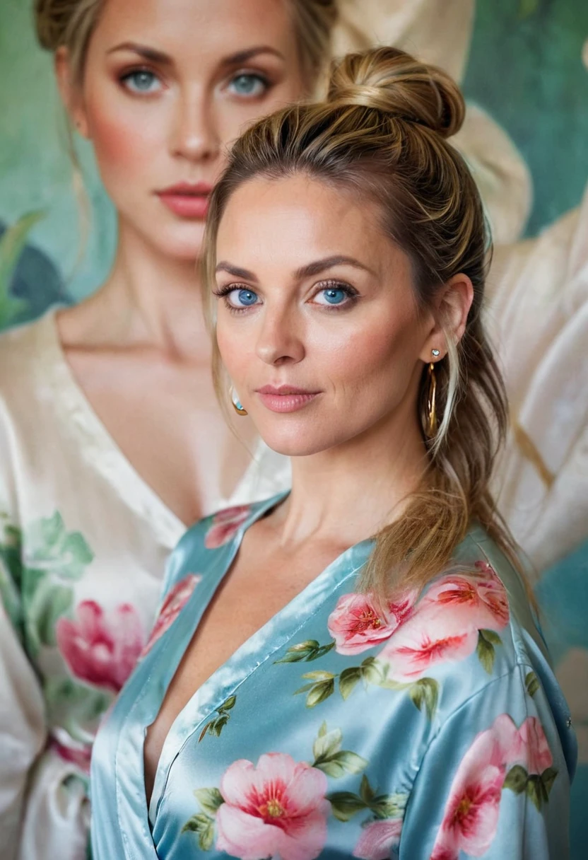 photo of extremely, ((closeup portrait:1.3)), model shoot style, beautiful woman of 45 years old with blue eyes, blond with brown roots, hair in bun with tendrils, looking directly at the camera, very realistic, instagram selfie, closeup face, wearing jade heart pendant, at home, silk floral pyjamas, clothes tight against body, clothes too tight, film grain, cute sexy body, big breasts, focus on face and torso, clothes too tight, seductive, silk robe, no makeup, detail skin2women, relaxed stance, no arched backs , wall with mural in front of their faces, ((hand-painted mural)) of figures painted on wall in front of them , wearing casual loungewear, leggings, sweatpants, shapely fit , black T-shirt , long messy dark hair, hair in long pony-tail down her back to her lower back, creative influencers, showing grace, open and relaxed photoshoot facing the mural, lovely women