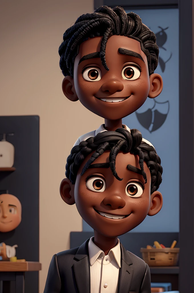 boy character, in black skin color, wear a blazer and black pants, smiling face and braids on the top of the head and shaved side of the head, do it yourself