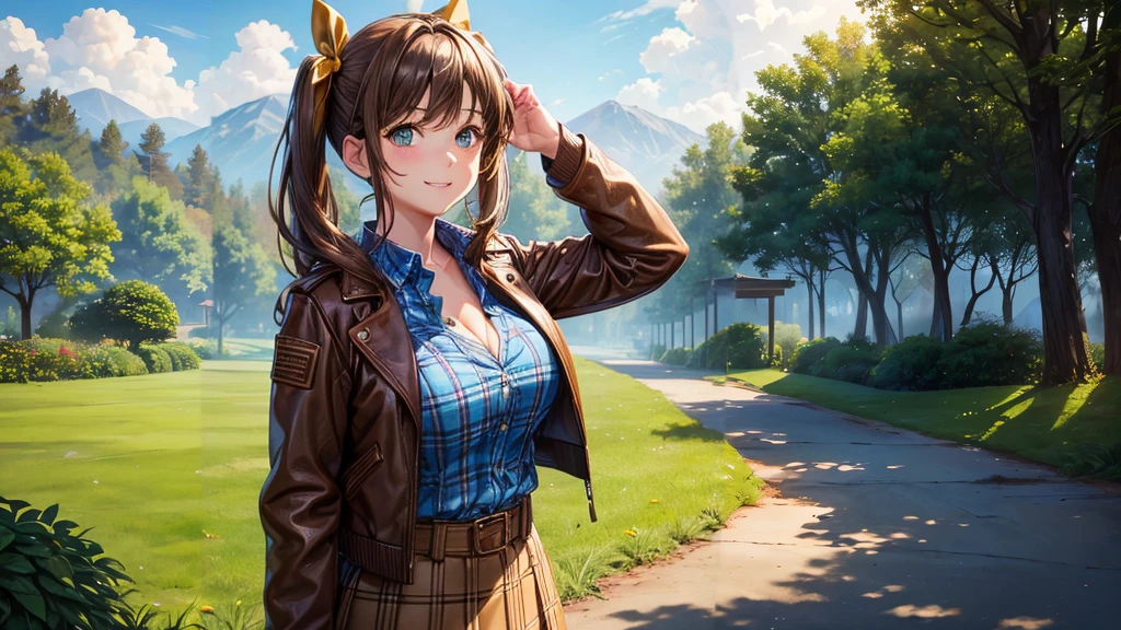 1girl, solo, village, trees, sun, clouds, ((brown hair)), ponytail, large breasts, ((brown leather jacket)), button down shirt, ((blue checked shirt)), ((unbuttoned shirt)), unbuttoning buttons, cleavage 1:3, green eyes, long skirt, brown boots, smile, happy, looking at the viewer, standing, hair ribbon, golden necklate