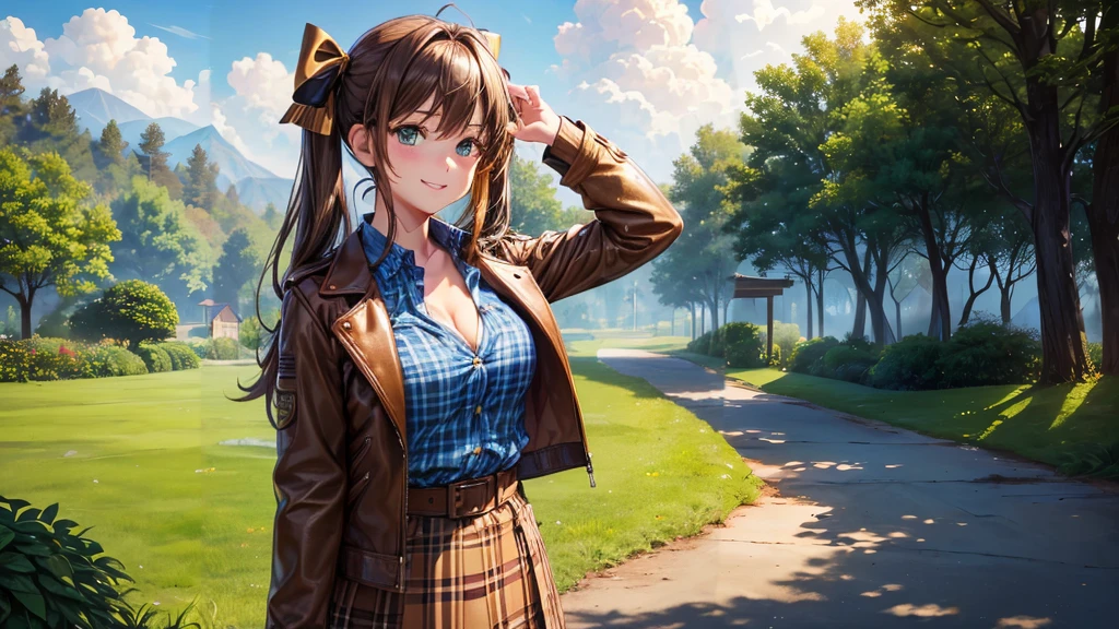 1girl, solo, village, trees, sun, clouds, ((brown hair)), twintail, large breasts, ((brown leather jacket)), button down shirt, ((blue checked shirt)), ((unbuttoned shirt)), unbuttoning buttons, cleavage 1:3, green eyes, long skirt, brown boots, smile, happy, looking at the viewer, standing, hair ribbon, golden necklate