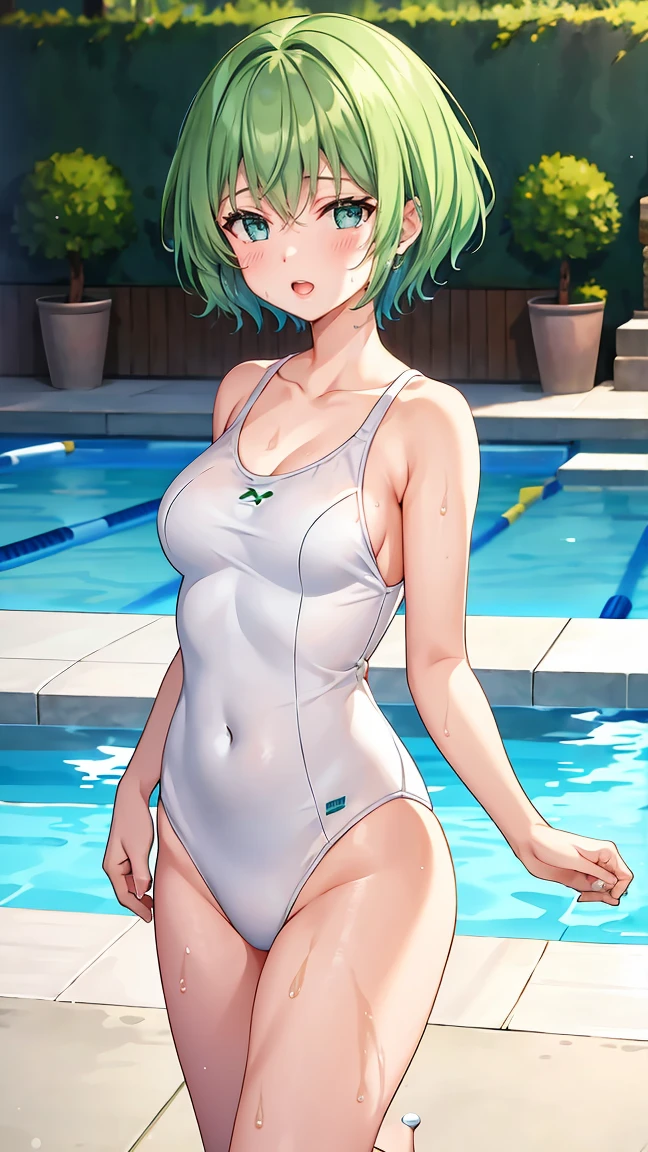 masterpiece, highest quality, Super detailed, 1 Girl,  Mion Sonozaki, Green Hair, Green Eyes, ponytail, surprise:1.3、blush、Normal chest、(((Navy school swimsuit:1.3))),Pool、Sitting、
I'm on my knees:1.3,Wide-open legs