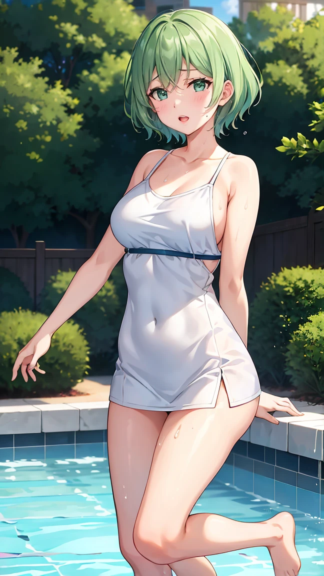 Girl with short green hair, Small size breasts,、Green Eyes, 、,Full body photo from head to toe、Competitive swimmer、In the water、Jump into the pool、Desperate、Sweat、Uplifting、A moving picture、