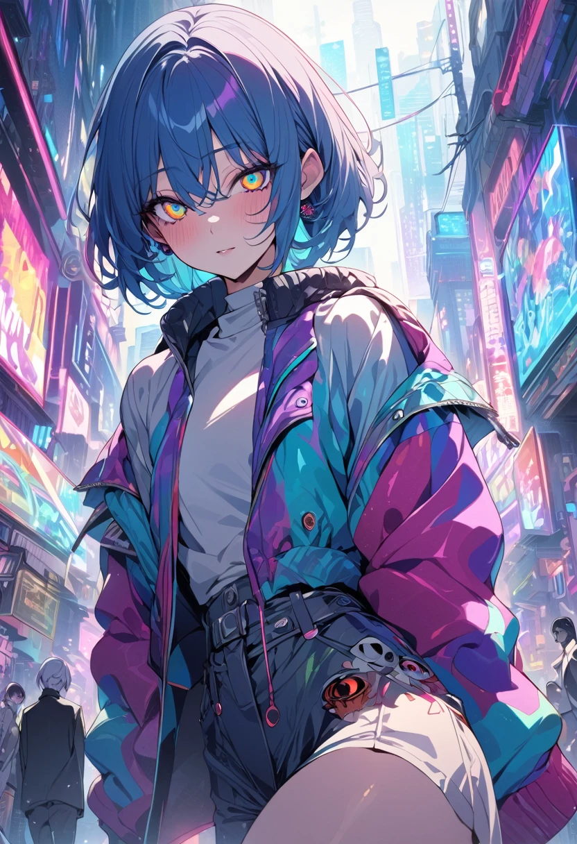 (masterpiece,detailed,High resolution:1.4) , Model shoot, close, detailed face, fine detailed eyes,, (kirishima touka),Blue middle hair,ghoul eyes,Retro Jacket,Tokyo Ghoul,Retrofuturism background, Vibrant colors, High resolution,, ,