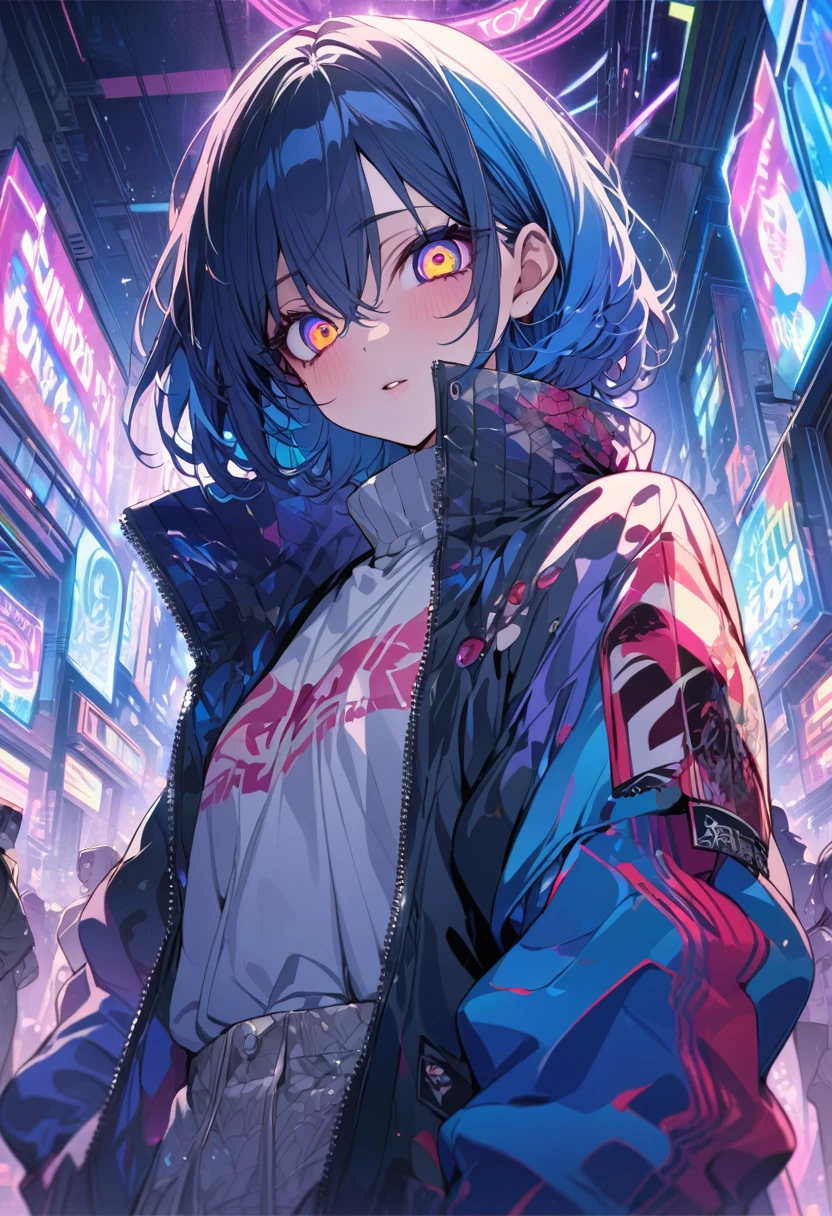 (masterpiece,detailed,High resolution:1.4) , Model shoot, close, detailed face, fine detailed eyes,, (kirishima touka),Blue middle hair,ghoul eyes,Retro Jacket,Tokyo Ghoul,Retrofuturism background, Vibrant colors, High resolution,, ,