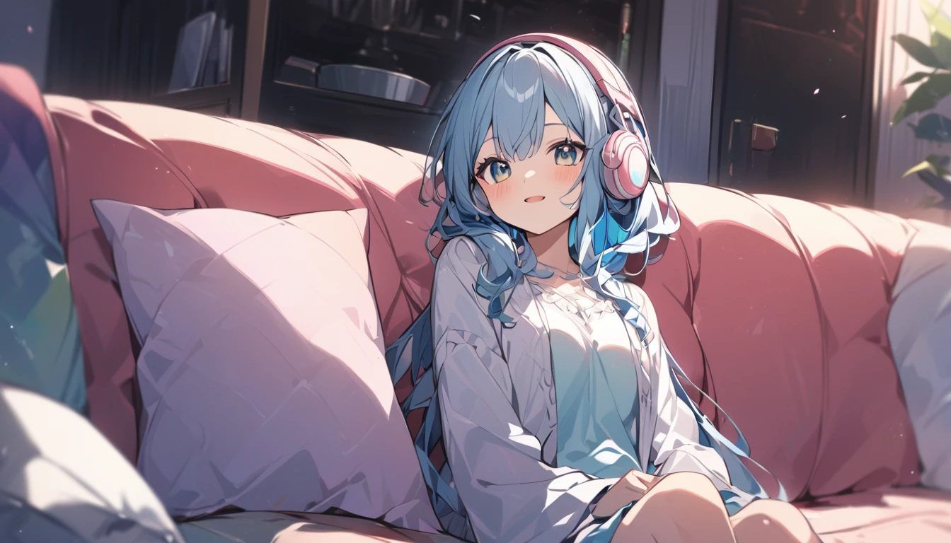 With a dream-like expression、A girl relaxing on a sofa with headphones on。