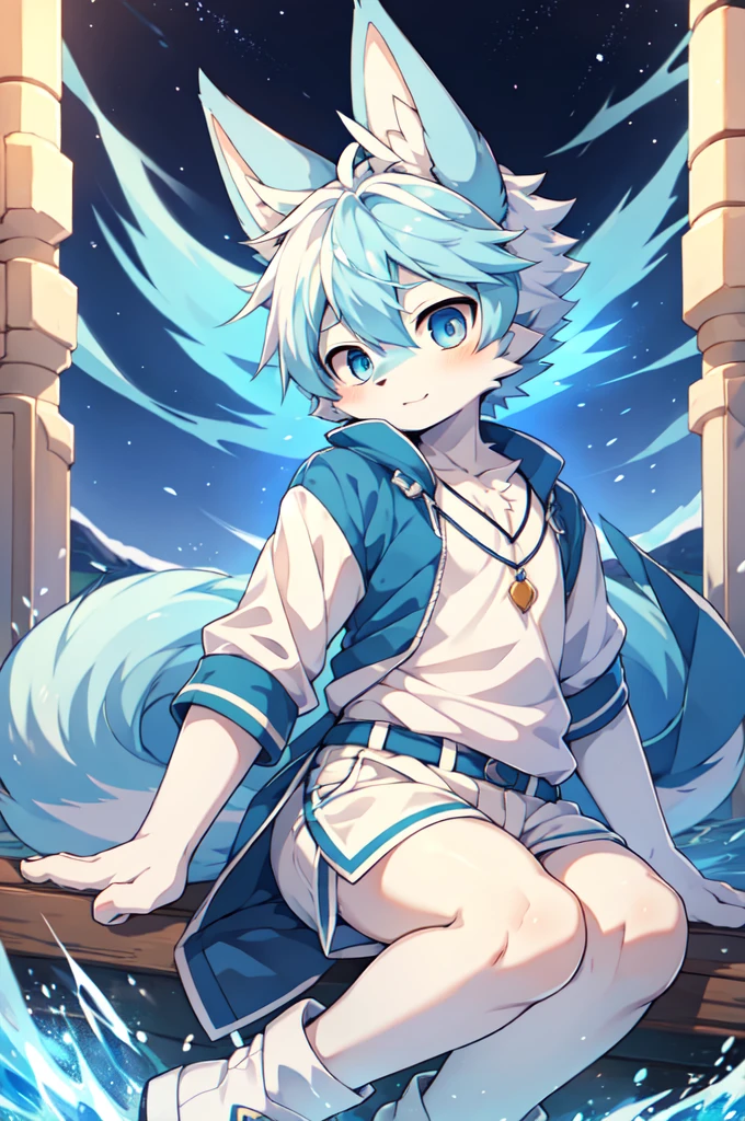 Blue hair,White hair,Blue dragon tail,The end of the tail has white fuzz,hairy,God of Art Super Top Quality, Super detailed, High resolution, Anime cute art style, The best anime, 8k, Kona sauce wallpaper, Pixiv Contest Winners, Perfect anatomical structure, , (Energetic teenager, :1.3), High resolution详细的头发,Iris and pupil are well proportioned,Blue pupils,Blue ears,Single,Light blue coat,White shorts,White boots,Beach