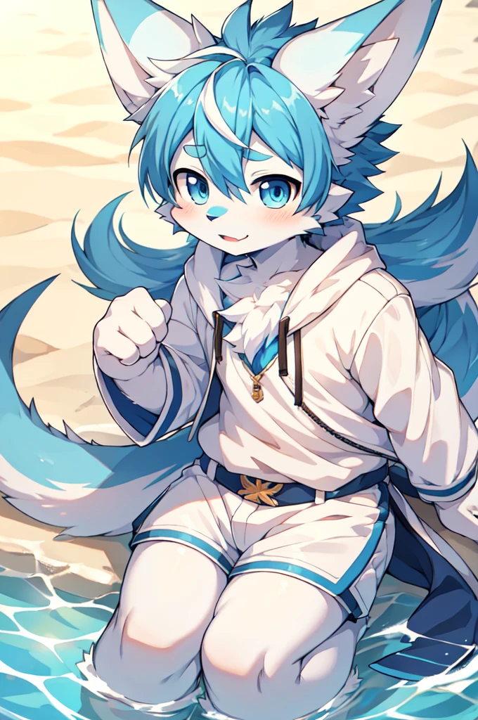 Blue hair，White hair，Blue dragon tail，The end of the tail has white fuzz，hairy，God of Art Super Top Quality, Super detailed, High resolution, Anime cute art style, The best anime, 8k, Kona sauce wallpaper, Pixiv Contest Winners, Perfect anatomical structure, , (Energetic teenager, :1.3), High resolution详细的头发，Iris and pupil are well proportioned，Blue pupils，Blue ears，Single，Light blue coat，White shorts，White boots，Beach