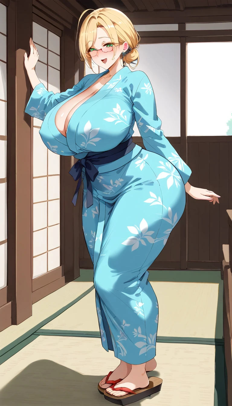 (POV from the side above), (Best quality: 1.5), (masterpiece: 1.5), (2.5D), (good definition), (detailed face), (well drawn face), (excellent drawing), ( vivid colors), (exaggerated proportions), (hentai), (perfect anatomy), (character in the center), (absurdity), (4k wallpaper), (detailed eyes), (perfect hands), (perfect fingers) , (beautiful skin), (glowing skin), (perfect shadows), (perfect lighting), (full body), (beautiful eyes), (masterpiece), (voluptuous body), (pretty face), adult woman, MILF seductive, mature MILF face, mature woman, blonde hair with low and slightly disheveled ponytail, green eyes, wears glasses, wears an elegant yukata, very surprised and blushing expression, huge breasts, huge thighs, huge butt, voluptuous body, good proportions, Standing at the entrance of a traditional Japanese house, an older man spanks the woman causing her to lean forward with an expression of surprise and pain.