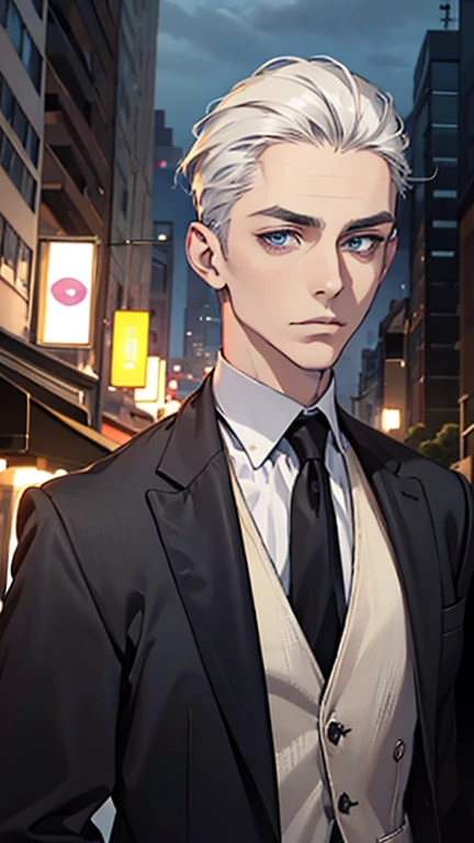 Masterpiece, high quality, Single man, Ethereal, handsome, middle age man, old, masculine, broad shoulders, portrait, short silver hair, straight hair, slick back hair, show forehead, high cheekbones, hollow cheeks, white eyebrows, pale skin, blue eyes, cosmieyes, colorful, black colors, wearing a black suit, black slacks, The face is smug, arrogant, skyscrapers in the background, night time, Rich in color, coffee plant, close-up shot, bust photo, do not show hand, Look at viewer.