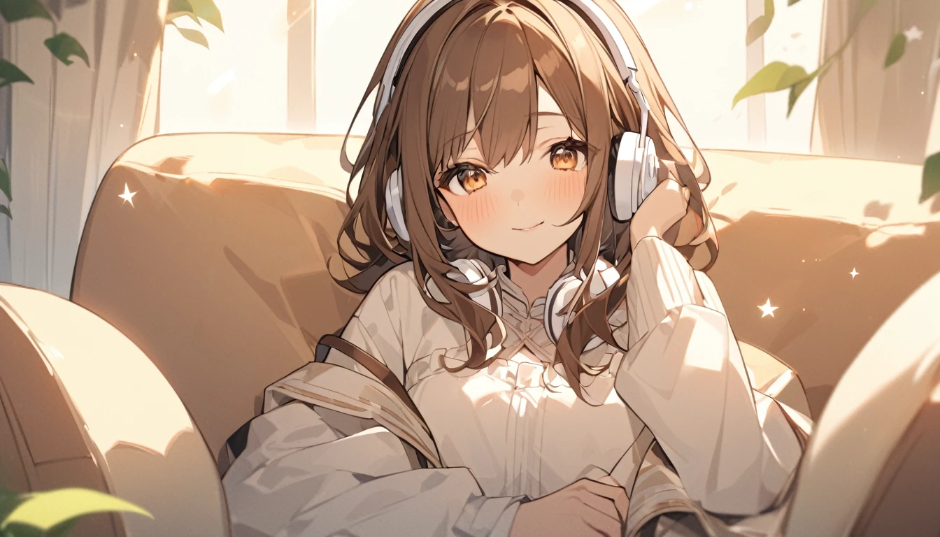 Girl wearing headphones。Brown Hair。1 person。bright。With a dream-like expression、A girl relaxing on a sofa with headphones on。