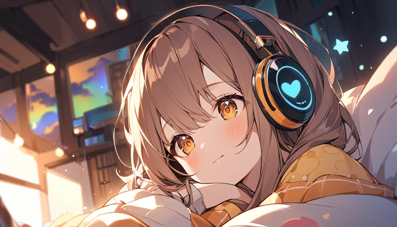 Girl wearing headphones。Brown Hair。1 person。bright。With a dream-like expression、A girl relaxing on a sofa with headphones on。