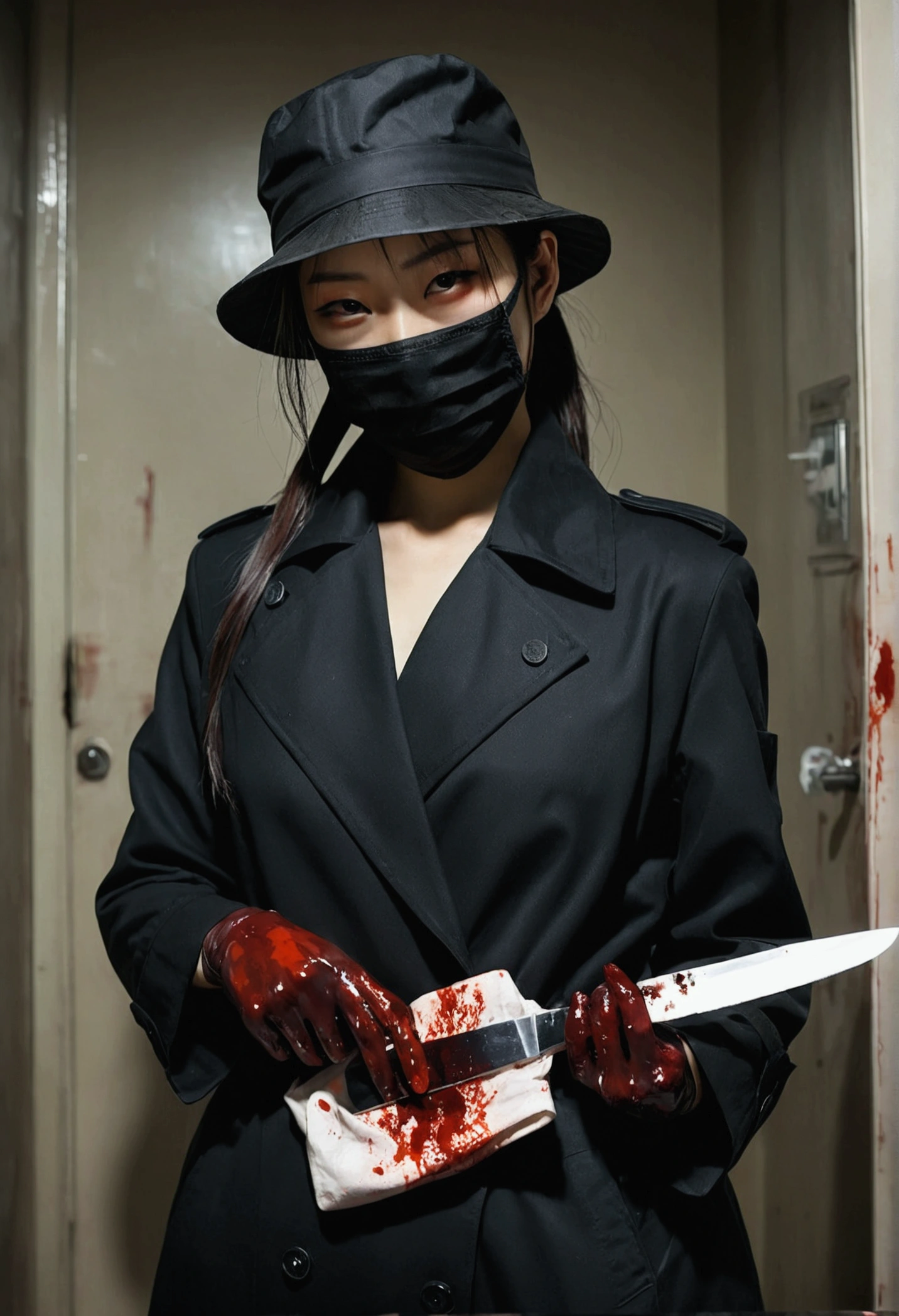 korean beautiful girl, (behind corpse, surgical mask), sunglasses, holding knife, stabbing, black gloves, room full of blood, black trench coat, bucket hat, holding knife, black gloves, behind corpse, blood splatter, low ponytail, black wet suit, night, mass murderer, robbery, dark atmosphere, cinematic lighting, atmospheric realistic,
