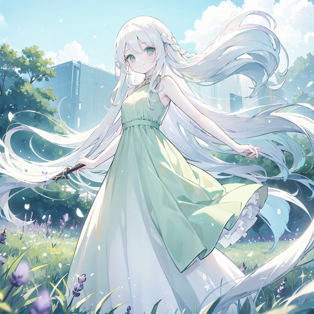 girl, standing, smiling, (pure white long hair:2.0), 
BREAK
sleeveless, (pale green dress:1.5), bracelet, (background is a vast lavender field:1.4), (wide blue sky:1.1) 