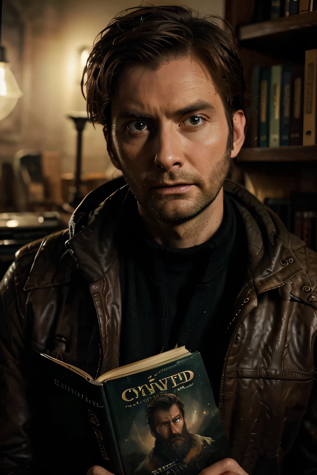 Detailed image of an epic movie poster featuring David Tennant lookalike with a stumble beard, with a determined expression on his face. With modern gadgets and old books, range rover equipped with high technology.  ((cryptid hunter)) .  Atmosphere of mystery and adventure with a touch of comedy. In epic fantasy style. Low pov. Dramatic. Drew struzan style