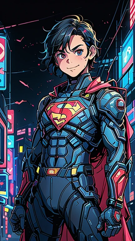 (8k),(masterpiece),(Japanese),(13-year-old boy),((innocent look)),((Childish)),From the front,Cowboy shot, upper body, smile,cute,Innocent,Kind eyes,Flat chest, DC Superman superhero, red cape, short,Hair blowing in the wind, Black Hair,Strong wind,night,dark, Neon light Cyberpunk Metropolis City,