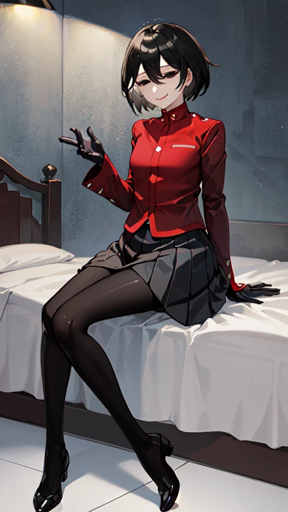 (masterpiece,Highest quality, detailed), One girl, alone, indoor, bed, Sitting, Half-closed eyes, smile, Mouth closed, whole body, 
Oshino Ougi, Transparent gakuran, Black lace gloves, Black pantyhose and see-through jacket, Pleated skirt, Black Pantyhose, No shoes、Skirt Lift、Flip up the skirt、