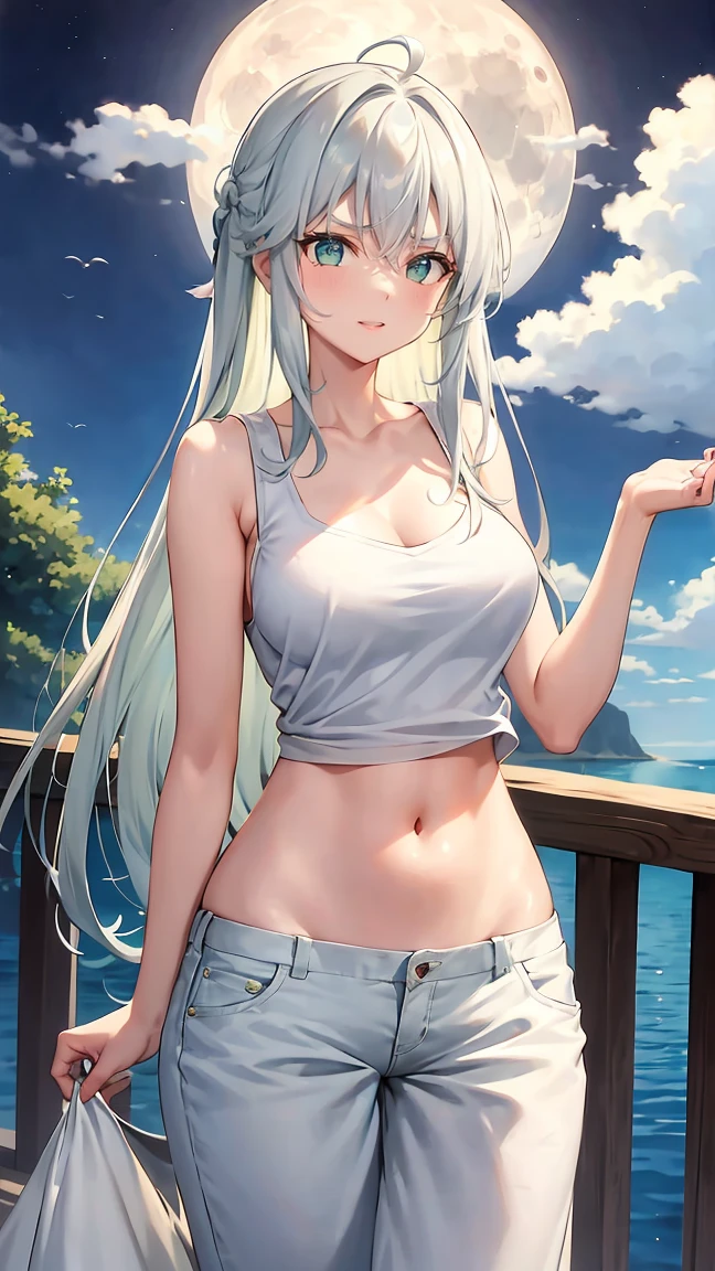 Girl with long green hair,Inner color and white hair、 Beautifully shaped breasts with tension, Green Eyes, Moonlight、moonlight、Brush your hair up、、,The whole body from head to toe、Proud expression、Older sister、Emotionally rich facial expressions、(Flying in the air)、Crisp eyebrows、Sleeveless shirt、、Long pants with slits、Beauty under the moon