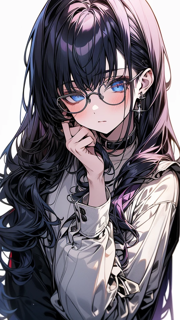 (Top resolution、Distinct_image)top-quality、(A girl) 、masterpiece、highly detailed, half body, Semi-realistic、 ( blue eyes ) 、18year old,
( dark purple hair ) ,young 、Exquisite facial
An expression of shy, Shy girl,
(Wear glasses) ,Facial features ,variation potrait, long hair , teenage, cool , cold sharp eyes, , {Very detailed 8k CG unit wallpaper}, students, whit oversized shirt ,library background, (black sweater on top)
