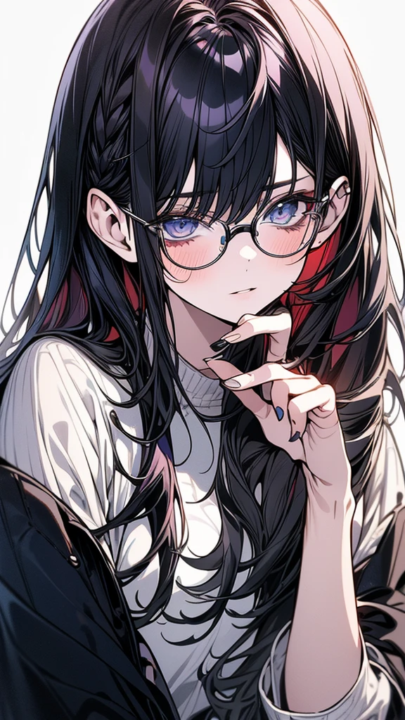 (Top resolution、Distinct_image)top-quality、(A girl) 、masterpiece、highly detailed, half body, Semi-realistic、 ( blue eyes ) 、18year old,
( dark purple hair ) ,young 、Exquisite facial
An expression of shy, Shy girl,
(Wear glasses) ,Facial features ,variation potrait, long hair , teenage, cool , cold sharp eyes, , {Very detailed 8k CG unit wallpaper}, students, whit oversized shirt ,library background, (black sweater on top)
