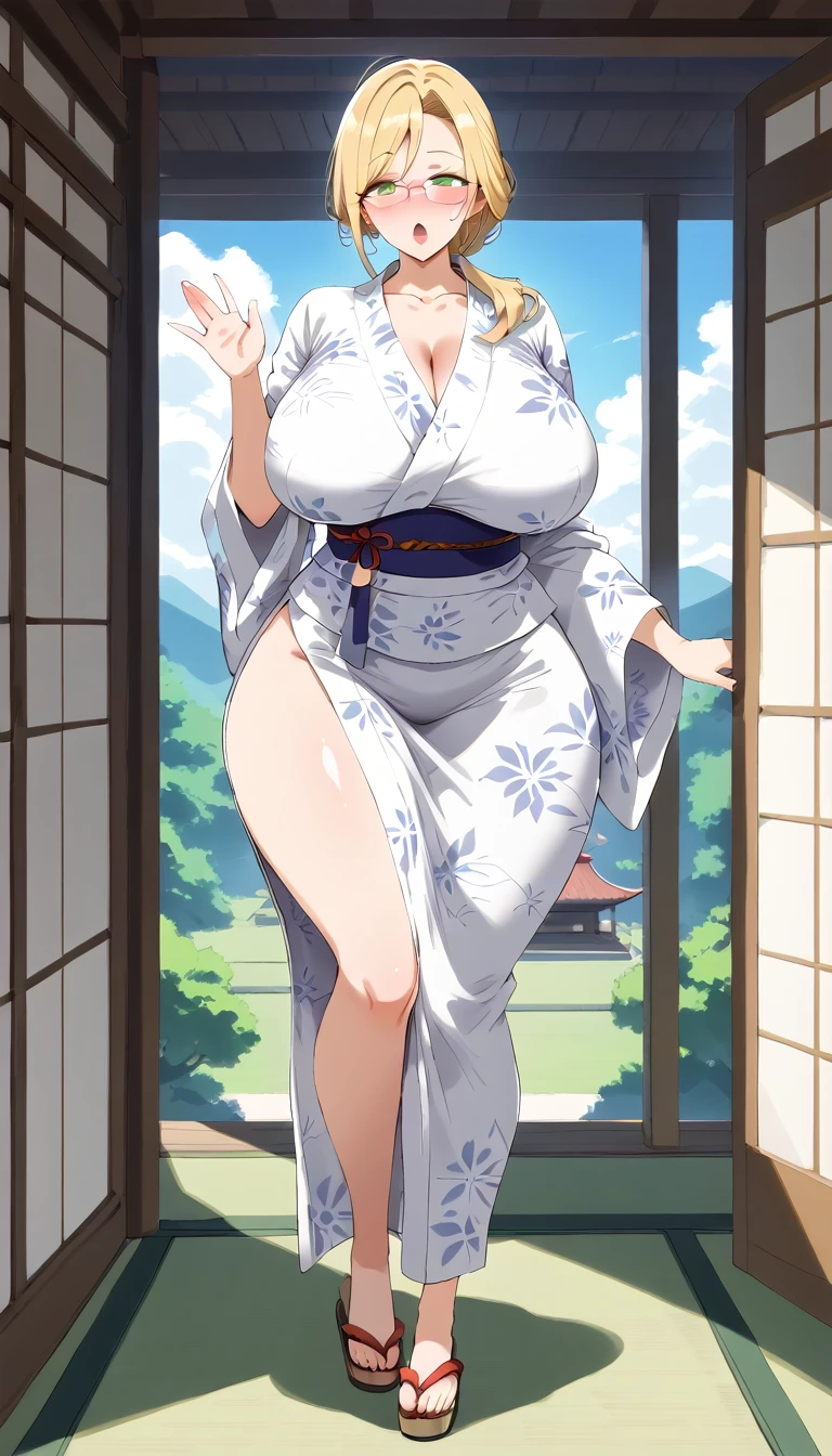 (POV from the side above), (Best quality: 1.5), (masterpiece: 1.5), (2.5D), (good definition), (detailed face), (well drawn face), (excellent drawing), ( vivid colors), (exaggerated proportions), (hentai), (perfect anatomy), (character in the center), (absurdity), (4k wallpaper), (detailed eyes), (perfect hands), (perfect fingers) , (beautiful skin), (glowing skin), (perfect shadows), (perfect lighting), (full body), (beautiful eyes), (masterpiece), (voluptuous body), (pretty face), adult woman, MILF seductive, mature MILF face, mature woman, blonde hair with low and slightly disheveled ponytail, green eyes, wears glasses, wears an elegant yukata, very surprised and blushing expression, huge breasts, huge thighs, huge butt, voluptuous body, good proportions, Standing at the entrance of a traditional Japanese house, an older man spanks the woman causing her to lean forward with an expression of surprise and pain.