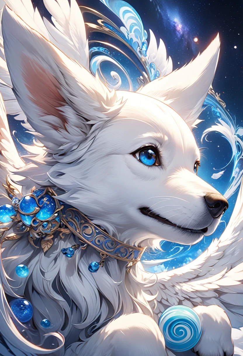  Mythical oriental mythological canid white furry cute dog white angel wings smile wings surrounded by galaxy splashes blue swirl(dynamic)  Exquisite details, 豐富的畫面層次夢想最高品質 HD, masterpiece, Exquisite CG beautiful, Delicate and vivid illustrations, perfectly filmed with complex details, Realistic magical fantasy scene highly detailed structure surreal, Digital art, high detail, HD 