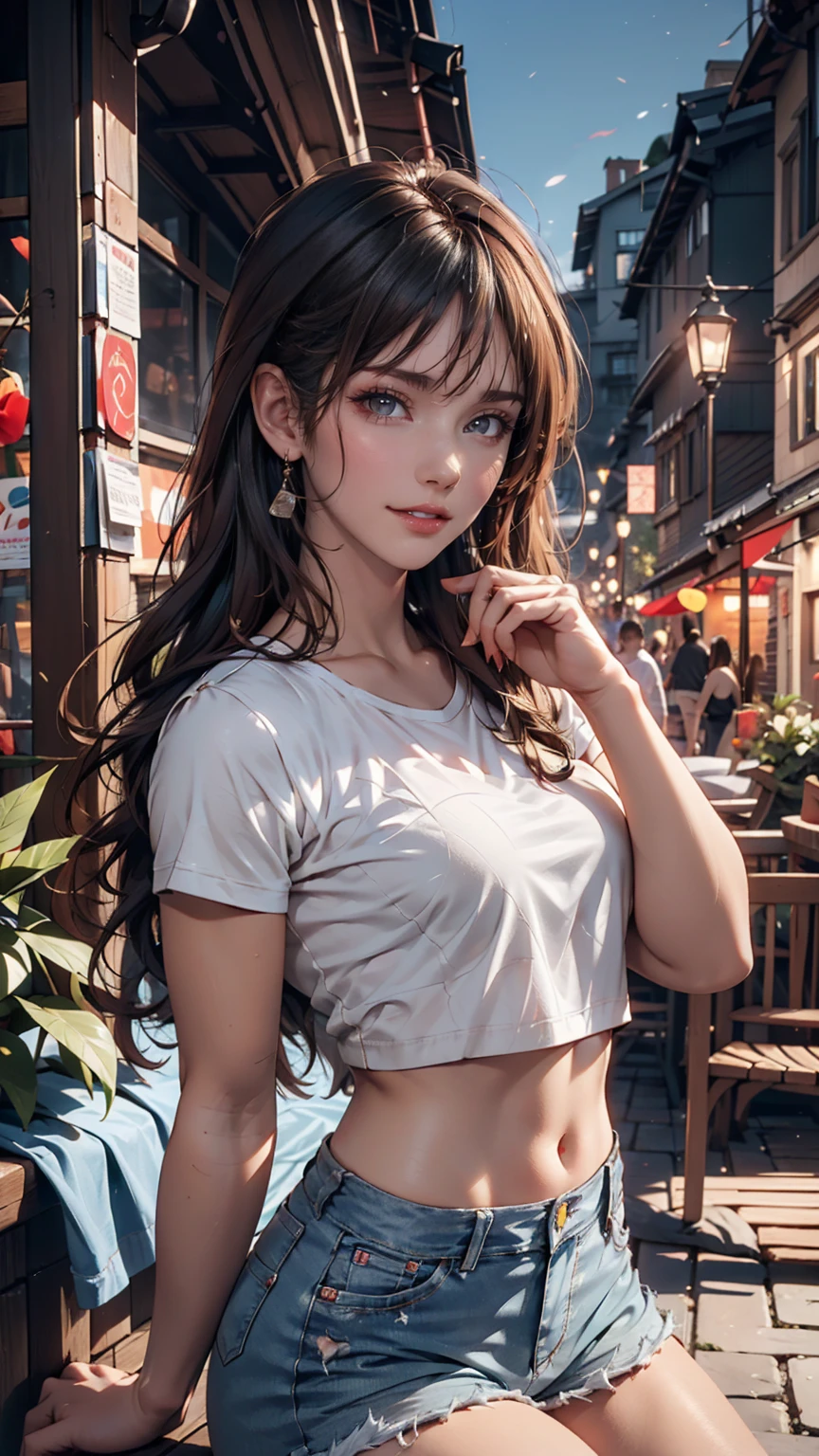 highest quality, masterpiece, Ultra-high resolution, (Genuine: 1.4), Original photo, (Evening City), 1 girl, Iris, Looking at the audience, Long Hair, light makeup, lips, Small ears, White T-shirt, Denim shorts, Earrings, Sit in Ferrari,, slim, Neat, garden