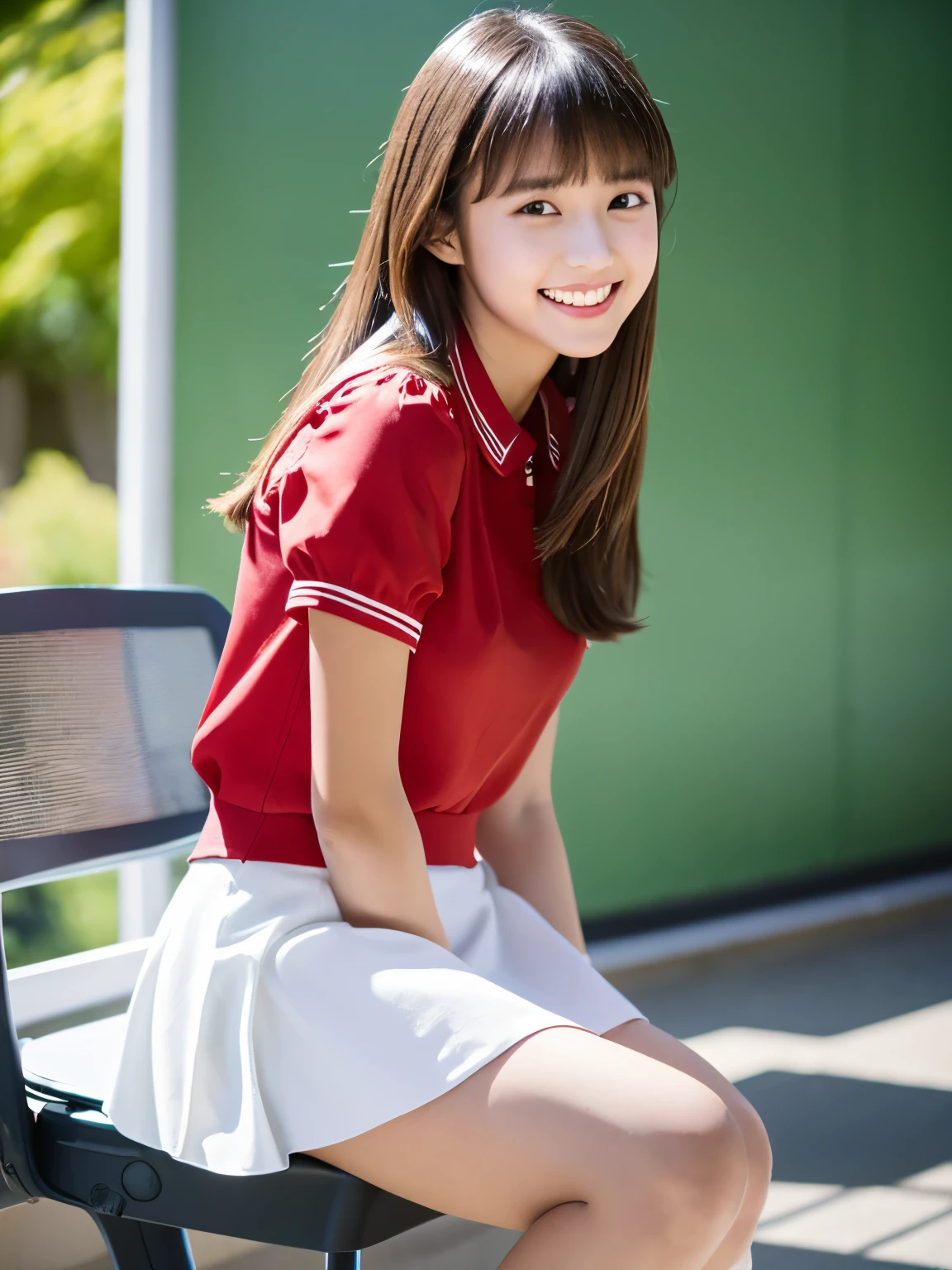 masterpiece , Highest quality , Very detailed , 8k , Cute Woman , One girl , blouse , bangs , smile , White teeth , Symmetrical eyes, 半袖blouse、mini skirt、Red Heels、Summer daytime、sitting in a chair in a campus classroom。I am confused when my teacher asks me a question。