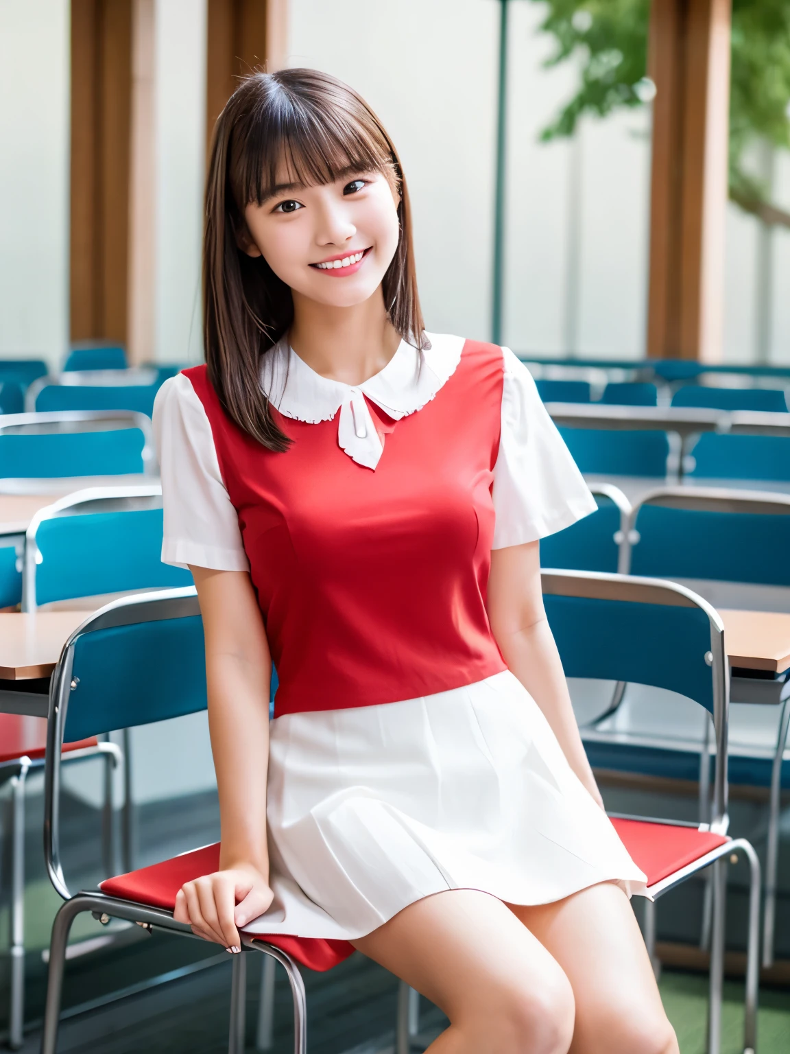 masterpiece , Highest quality , Very detailed , 8k , Cute Woman , One girl , blouse , bangs , smile , White teeth , Symmetrical eyes, 半袖blouse、mini skirt、Red Heels、Summer daytime、sitting in a chair in a campus classroom。I am confused when my teacher asks me a question。