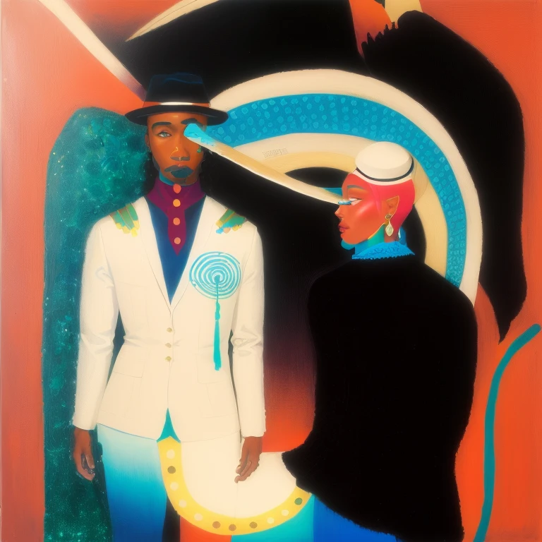 painting of a man and a woman next to each other, inspired by Leo and Diane Dillon, inspirado em Barkley Hendricks, a painting of two people, Direction: Eugene Montgomery, inspired by Diane Dillon, Direction: Clifford Ellis, por Lois Mailou Jones, por Conroy Maddox, by Kamisaka Sekka, gouache on paper, Pintura de Norman Mingo, by Mario Cooper