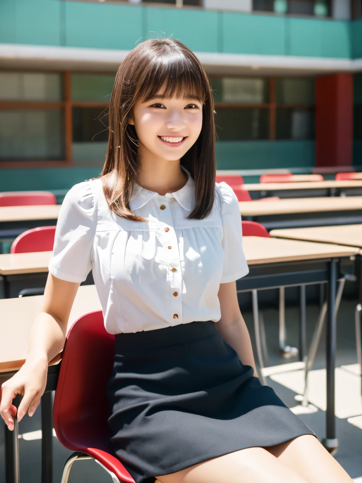masterpiece , Highest quality , Very detailed , 8k , Cute Woman , One girl , blouse , bangs , smile , White teeth , Symmetrical eyes, 半袖blouse、mini skirt、Red Heels、Summer daytime、sitting in a chair in a campus classroom。I am confused when my teacher asks me a question。