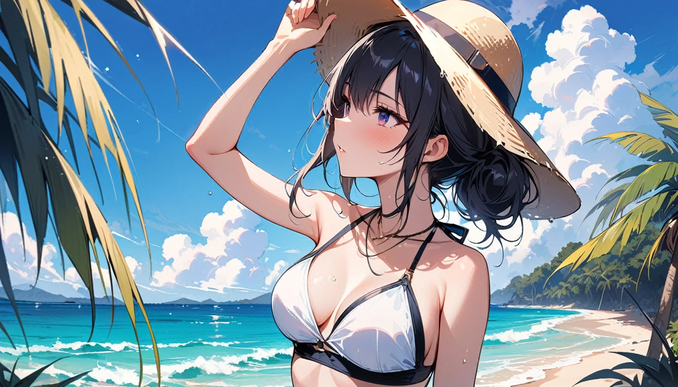 (masterpiece, Highest quality:1.2), 1 Girl, alone,Eyes open,Tropical atmosphere,Ocean,Swimwear