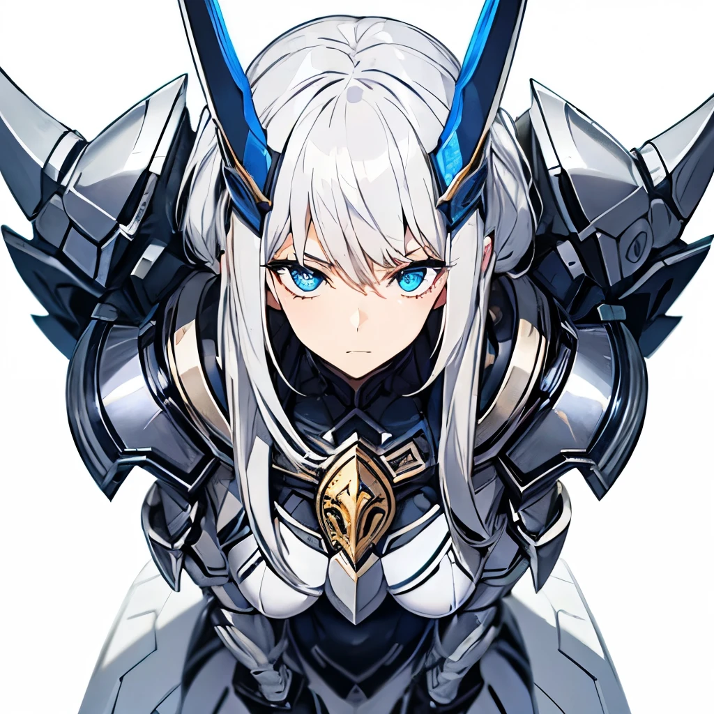 big ,  1girl, at school, white background, silver hair, blue eyes, emotionless, detailed face, view at camera, school unifom, full body, shot from far, half body, gold armor, lomng hair