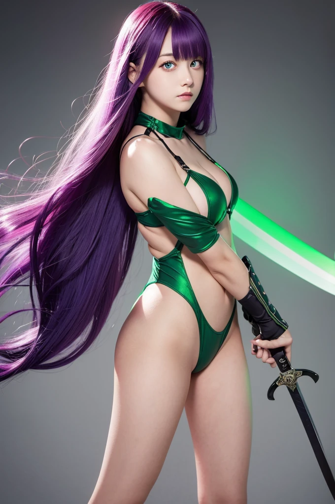 Girl, standing, full body, purple hair, long hair, swimsuit, lots of exposure, large sword on back, red and green odd eyes