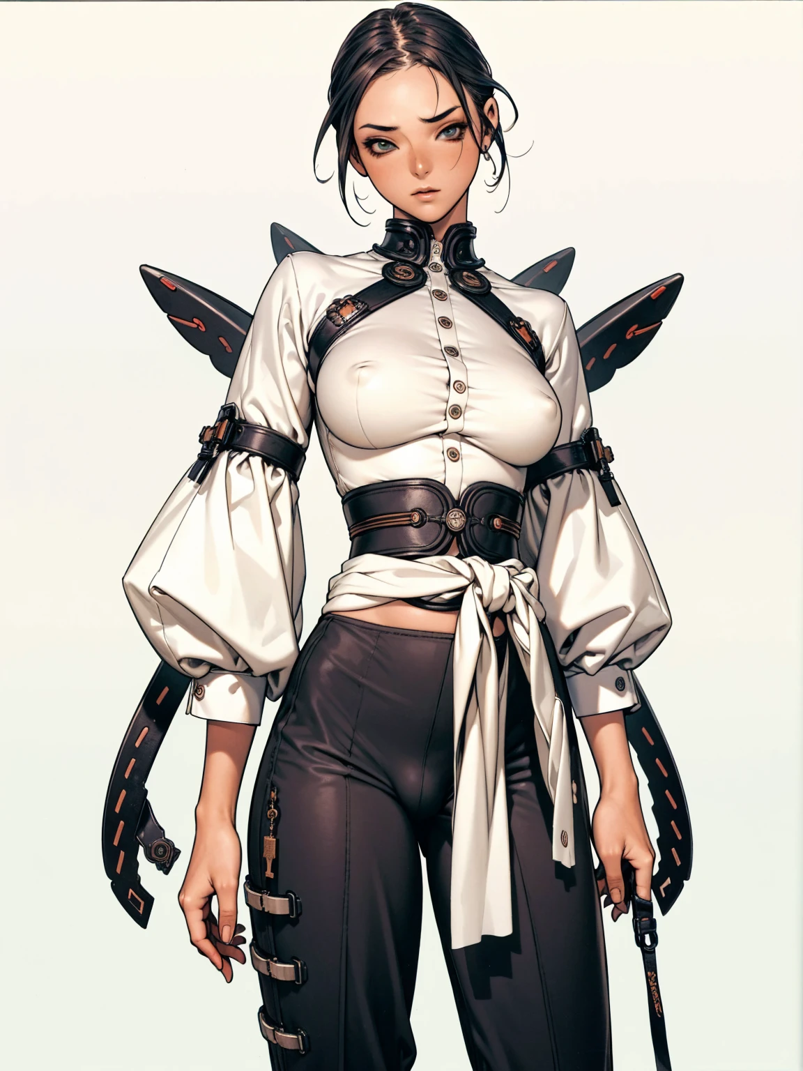 Uma Kizi jovem com cabelo bagunçado ruivo, wearing an eye patch over the left eye, wearing baggy firefighter pants, short top with the belly exposed and a blouse tied at the waist, ((high collar)), (((best qualityer: 1.4))), (Unbeatable masterpiece), (hiper HD),(CG 8k hyper-realistic), (((brave face))), (((breasts big))), (((hyper feminine))), sexly girl, ((( sculptural body ))), (((1 Kizi))), Kizi cibernética de 25 anos com perfectbody,,Beautiful and well-groomed face,muscular body:1.2,solid color detailed jacket, (Head to thigh photos), Complex equipment, green dark,Long pants,Tight clothes are dark,With white stars and off-white stripes,,,,,Armor Metal Electronic Parts, Poison tattoos ) INFO, Kizi, (((standing alone))), pirralha violent, ((())), sexly, pose de atitude, work of art, post-apocalypse, (((manga style))), bounty hunter, violent, Manic, the way you want, slenderbody, thin but strong, perfectbody, roupa moderna, advanced technology, neon, sleeves with vertical striped pattern, neutral background, (( cowboy shot )). intricate visual