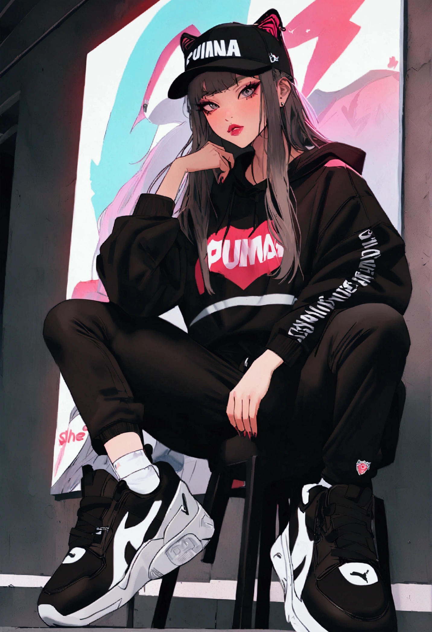 a woman sitting on a stool with a red and white poster, '20, 🤬 🤮 💕 🎀, she is wearing streetwear, made with photoshop, based on a puma, woman in streetwear, trending on r/streetwear, by Ignacio Zuloaga, focus on sneakers only, badass look, :: madison beer, 💋 💄 👠 👗, hypebeast