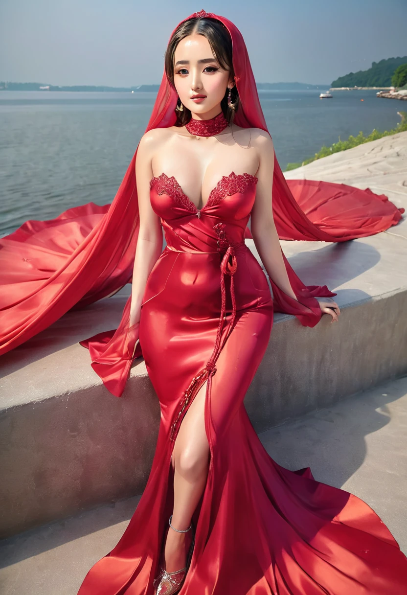 a woman in the translucent red silk gown, full body,wear hijab, brest expose, half neked, tiead in satin rope, tied tight,mermaid tight long gown, flowy dramatic long gown, double long satin train ( 4 meter long ),red satin sheet, wear high heels, masterpice, 4k resolution, ultra-realistic, highly detail.