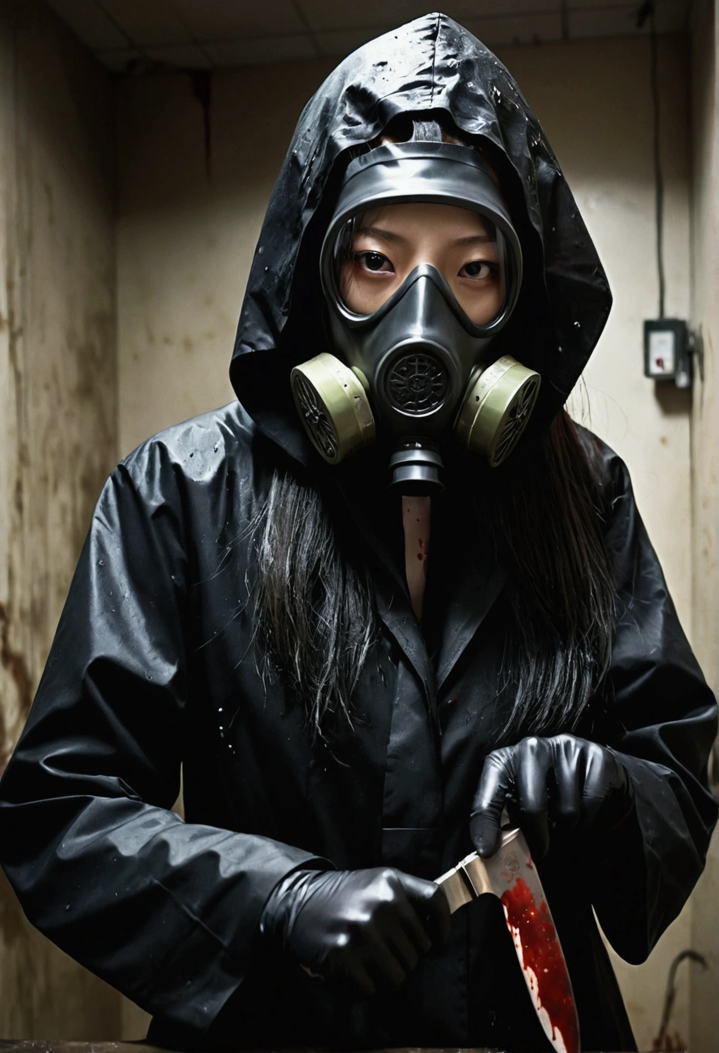 korean glamorous girl, (behind corpse:1.3), (gas mask), holding knife, stabbing, black gloves, bath full of blood, black raincoat, hood up, holding knife, black gloves, behind corpse, blood splatter, black wet suit, night, mass murderer, robbery, dark atmosphere, cinematic lighting, atmospheric realistic,
