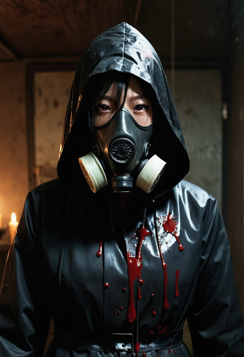 korean girl, (behind corpse, gas mask), holding knife, stabbing, black gloves, room full of blood, black raincoat, hood up, holding knife, black gloves, behind corpse, blood splatter, long bangs, black wet suit, night, mass murderer, robbery, dark atmosphere, cinematic lighting, atmospheric realistic,
