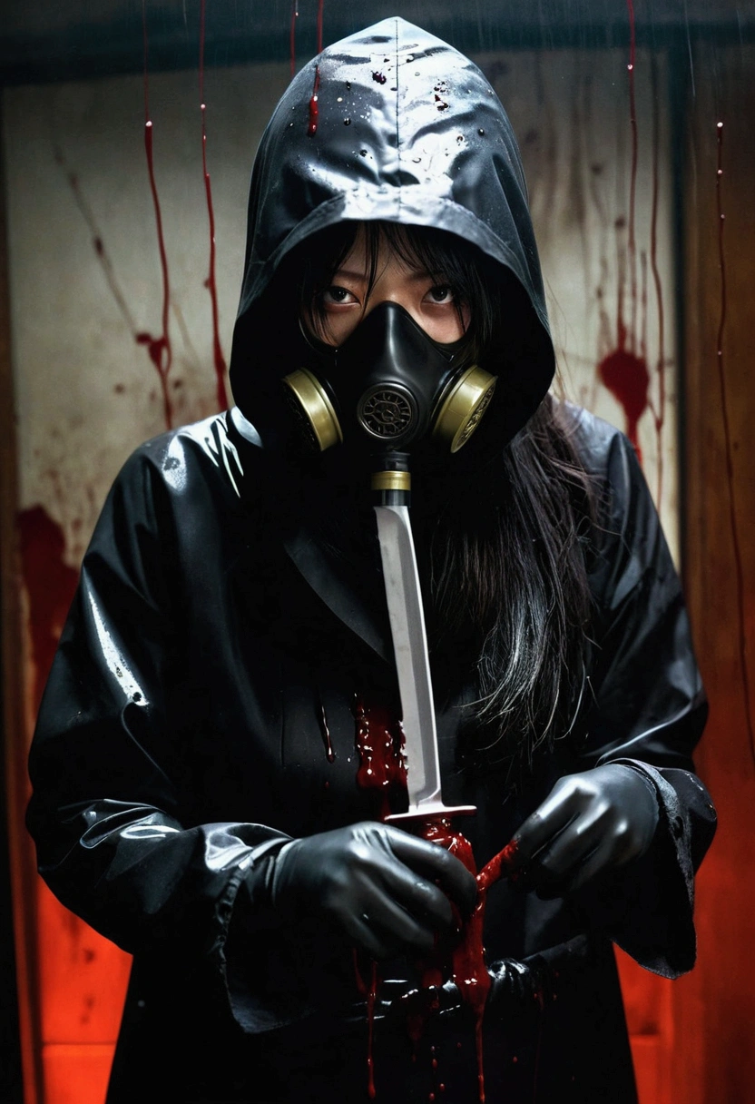 korean girl, (behind corpse, gas mask), holding knife, stabbing, black gloves, room full of blood, black raincoat, hood up, holding knife, black gloves, behind corpse, blood splatter, long bangs, black wet suit, night, mass murderer, robbery, dark atmosphere, cinematic lighting, atmospheric realistic,