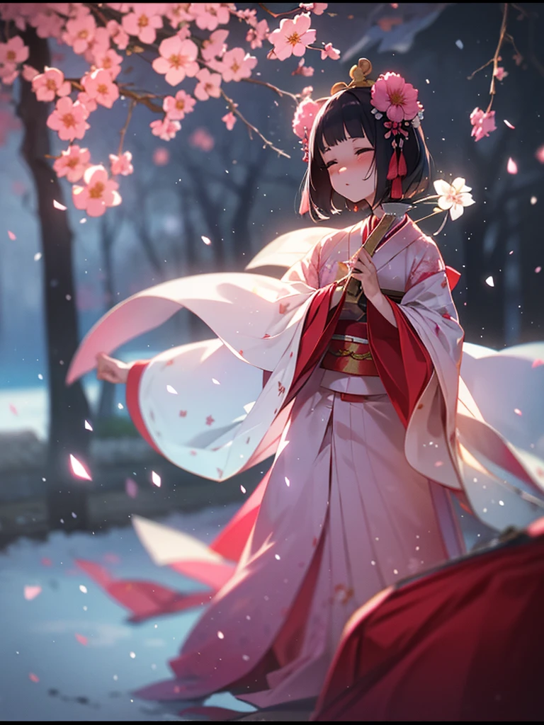 (Sumilux f1.4 50mm , low Latitude old color negative film , cross process , bokeh, flare, chromatic aberration , soft focus, (Shallow focus) , soft glow , Maximum aperture, High Key , Transparent depiction) , kawaii hentai anime , Japanese Heian period , Royal girl, kitsune mask , (round Maro eyebrows) , kimono , (Peony flowers blooming:0.8) , Snow is falling , steamy breath , Kagura Dance , passion , Drinking sake , Drunkard