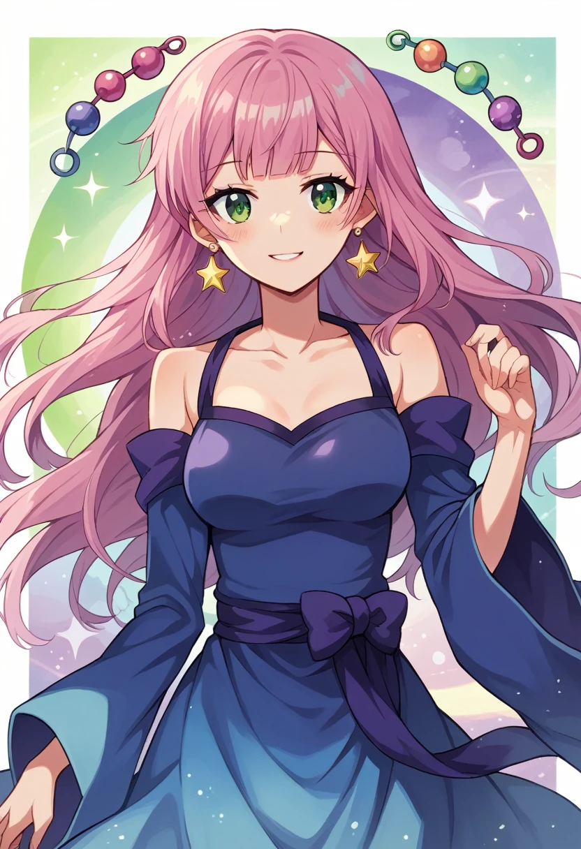 (extremely detailed CG unity 8k wallpaper),(masterpiece),(best quality),(ultra-detailed),(best illustration),(best shadow),(absurdres),Akari Watanabe, 1girl, jewelry, solo, pink hair, dress, long hair, medium breast, green eyes, earrings, outdoors, blush, looking at viewer, earrings, jewelry, lipstick, makeup, sparkling dress, blue dress, glint, midriff, collarbone, long sleeves, wide sleeves, hair beads, sidelocks, blunt bangs, purple earrings, star earrings, partially bare shoulders, slight smile, (detailed background),dynamic pose