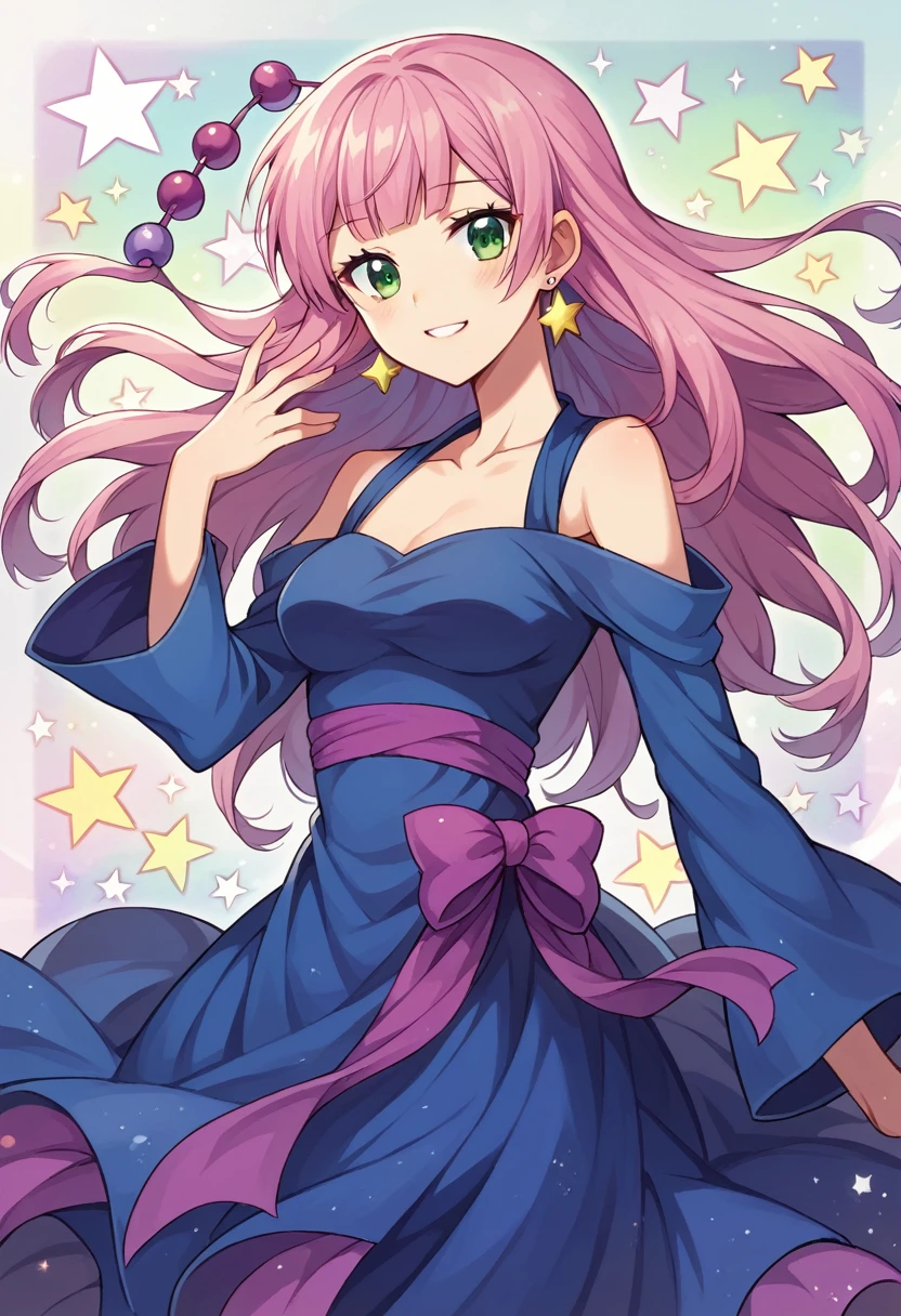 (extremely detailed CG unity 8k wallpaper),(masterpiece),(best quality),(ultra-detailed),(best illustration),(best shadow),(absurdres),Akari Watanabe, 1girl, jewelry, solo, pink hair, dress, long hair, medium breast, green eyes, earrings, outdoors, blush, looking at viewer, earrings, jewelry, lipstick, makeup, sparkling dress, blue dress, glint, midriff, collarbone, long sleeves, wide sleeves, hair beads, sidelocks, blunt bangs, purple earrings, star earrings, partially bare shoulders, slight smile, (detailed background),dynamic pose