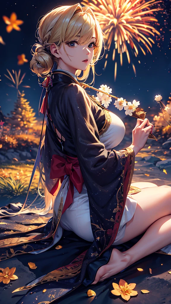 masterpiece, high quality, 4K, Beautiful design, silhouette,blonde, 非常に詳細な夜のStarry Sky,Flower Field, wonderful, Finer details, Very knowledgeable woman, Highly detailed solo, 1 female,Big Breasts,Butt Emphasis,High-neck dress,No sleeve,shaved ice,Night view,Starry Sky,full moon,How to sit,firework,