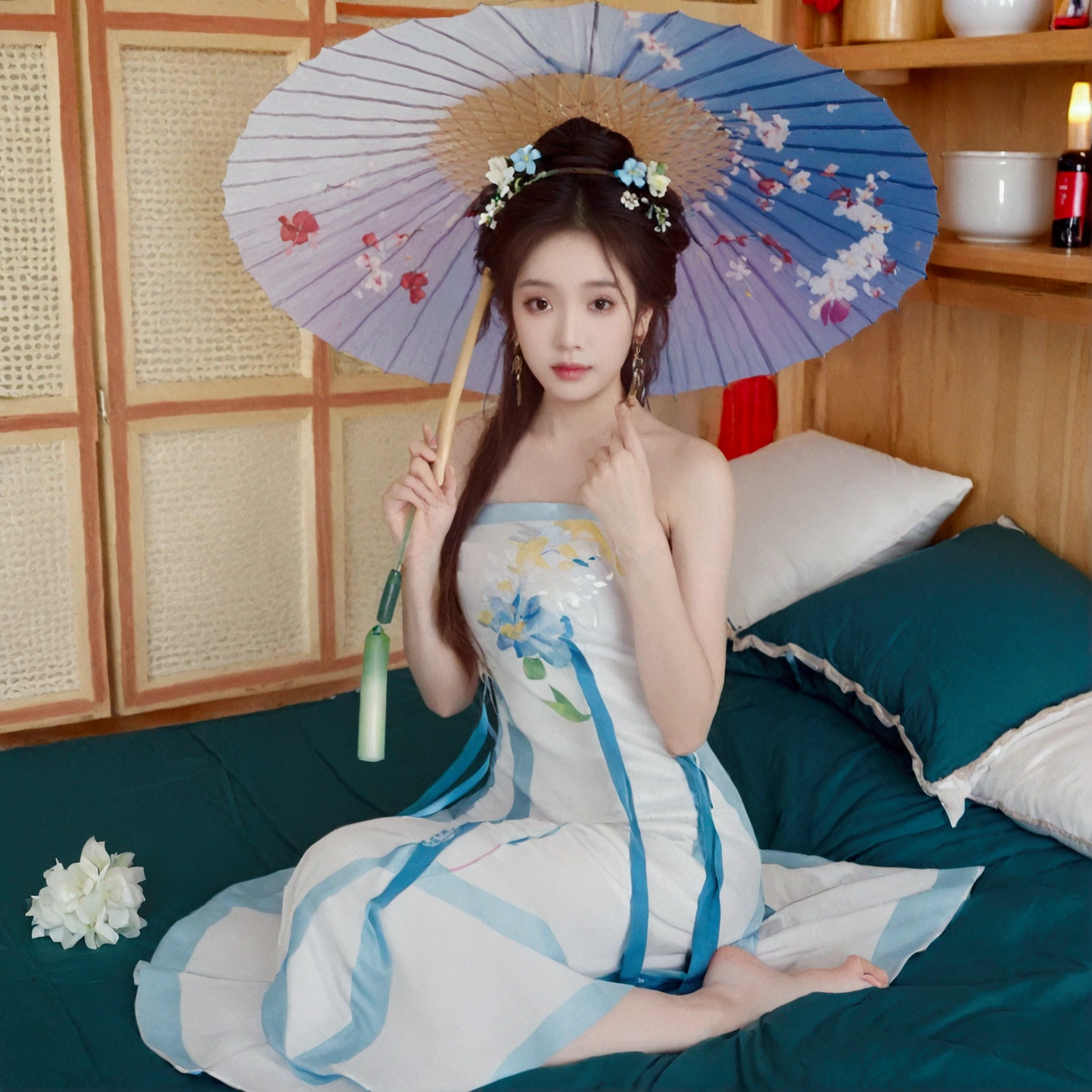 1girl, solo, looking at viewer, brown hair, hair ornament, dress, holding, jewelry, sitting, flower, earrings, barefoot, indoors, bed, umbrella, hand fan, realistic, holding fan
